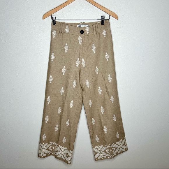 ZARA TAN LINEN BLEND EMBROIDERED WIDE LEG CULOTTE PANTS XS - Picture 2 of 6